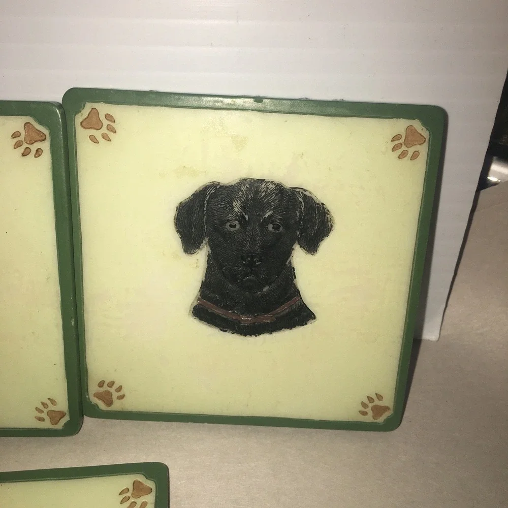 Black Lab Dogs Four Coaster Set with Holder Handpainted 3D Resin Read Descript